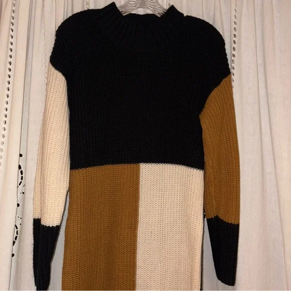 Venus Colorblock Sweater Dress in Black, Cream &  Brown Size Medium - Picture 4 of 11